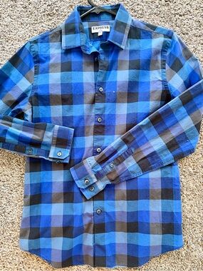 Express Men's Blue and Black Plaid Button-Down Shirt